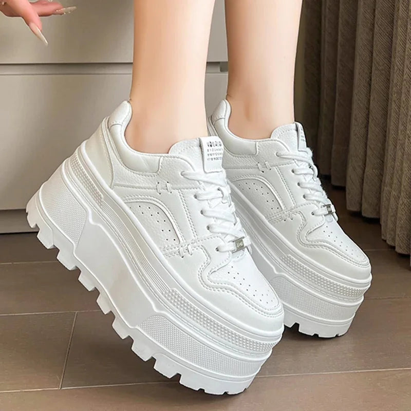 Platform Sneakers 8cm Lace-Up Cushioned Insole For All-Day Comfort — White | KIMLUD