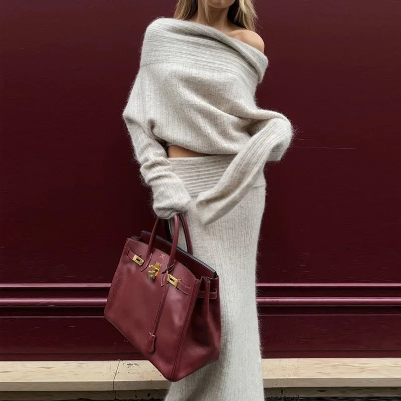 KIMLUD, Knitting Off The Shoulder Long Sleeve Women'S Tops Skirt Women'S Sets Sweatshits Sweater Streetwear Wholesale Clothes, KIMLUD Womens Clothes