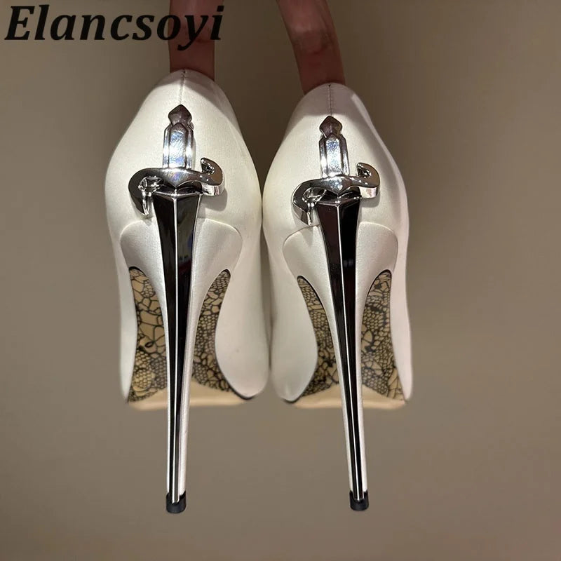 Leather Pumps With Metal High Heels Metal-Embellished Shaft Sculpted Pointed Toe — Gold | KIMLUD