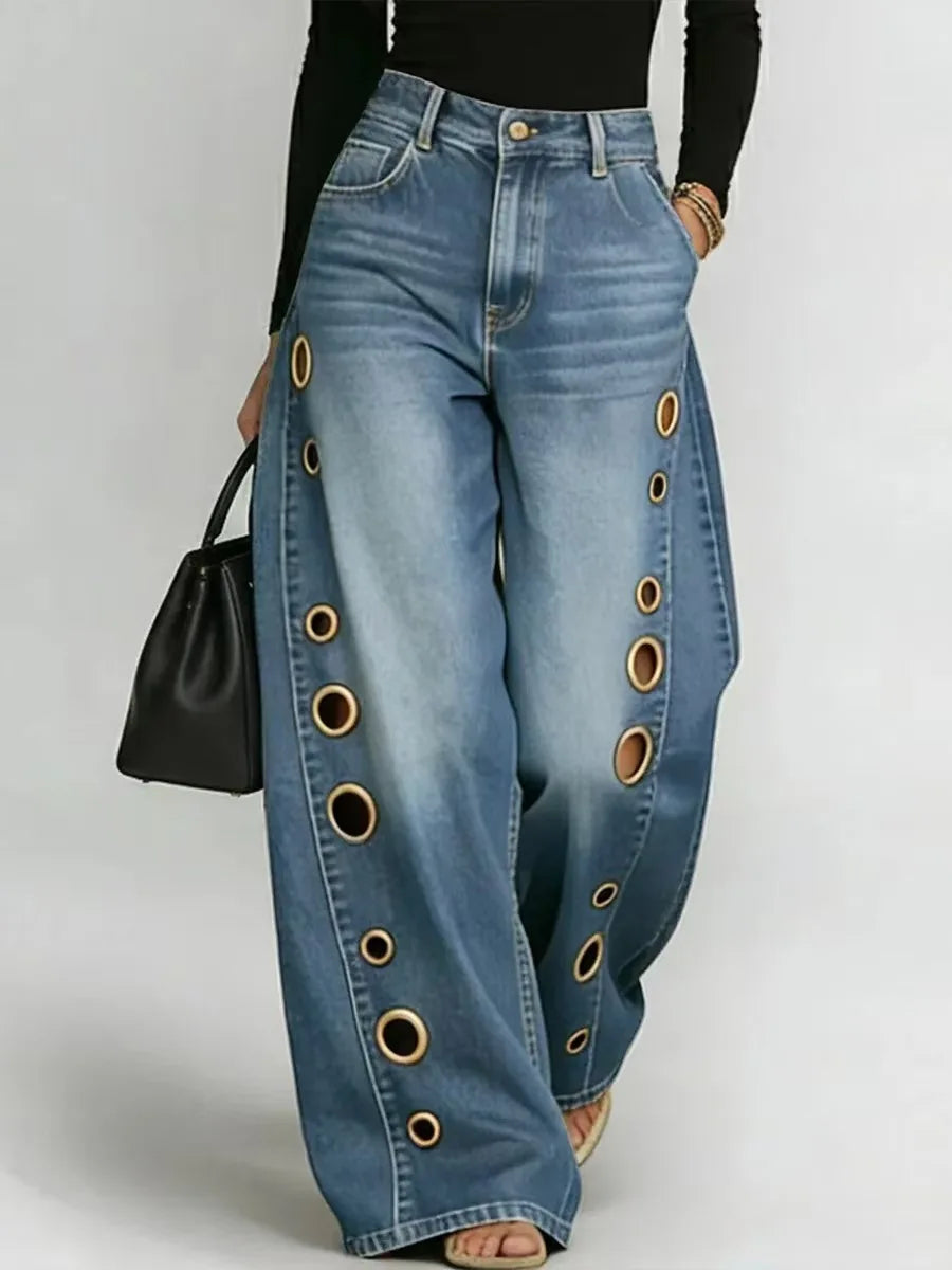 Women's High Waist Straight Leg Jeans Metal Ring Hollow Denim Pants Baggy Autumn Casual Long Jeans with Pockets Street Style