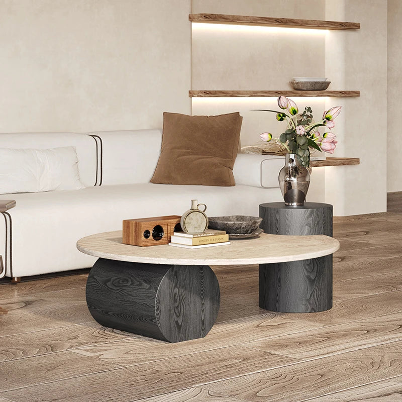 Nordic Minimalist Travertine Side Table Round Top With Solid Wood Pedestal — Beige | KIMLUD