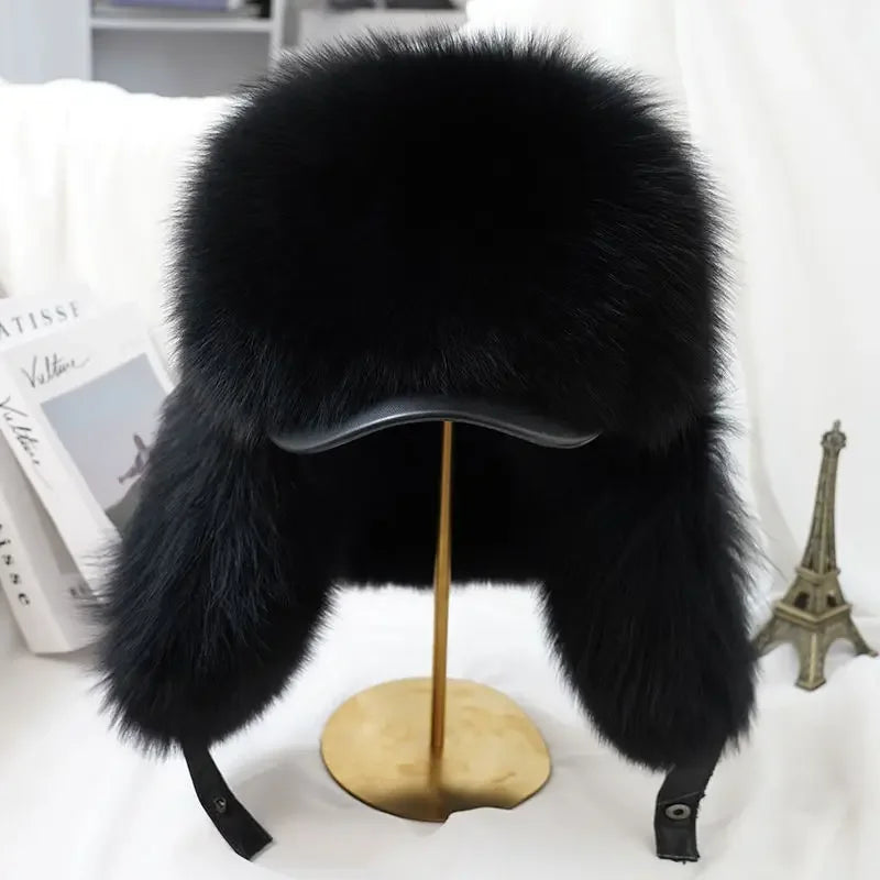 Real Silver Fox Fur Bomber Hat Leather Top — Silver | KIMLUD