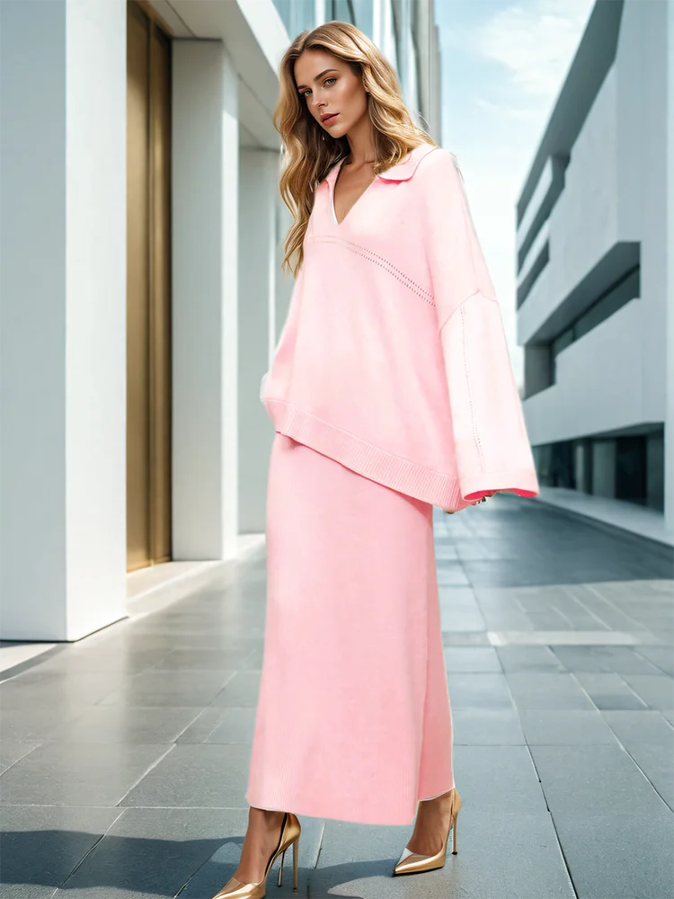 DEAT Fashion Women's 2 Pcs Set V-neck Loose Fit Long Sleeves Sweater High Waist Ankle-length Skirt Suit Autumn 2024 New 7AB4889 - KIMLUD