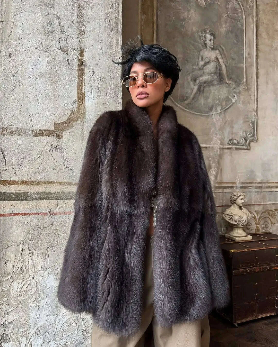 KIMLUD, Brown Medium-length Fur Coat Women Lapel Hidden Button Loose Elegant Outerwear 2025 Fashion Office lady commute Overcoat New, KIMLUD Womens Clothes