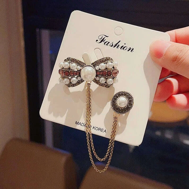 KIMLUD, Vintage Fashion Black Crystal Sparkling Rhinestone Brooch Creative Lapel Pin Medieval Design Long Chain Brooches Autumn Winter, KIMLUD Womens Clothes