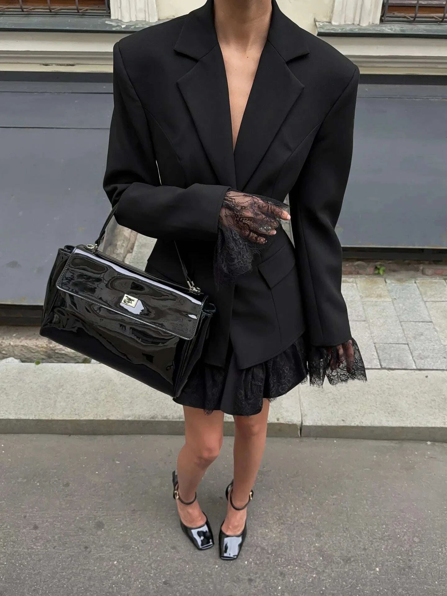 KIMLUD, 2025 Autumn and Winter New Fashion Black Small Suit Solid Jacket Design Sense Lace Splicing Commuting Long Sleeved Top Coat, KIMLUD Womens Clothes