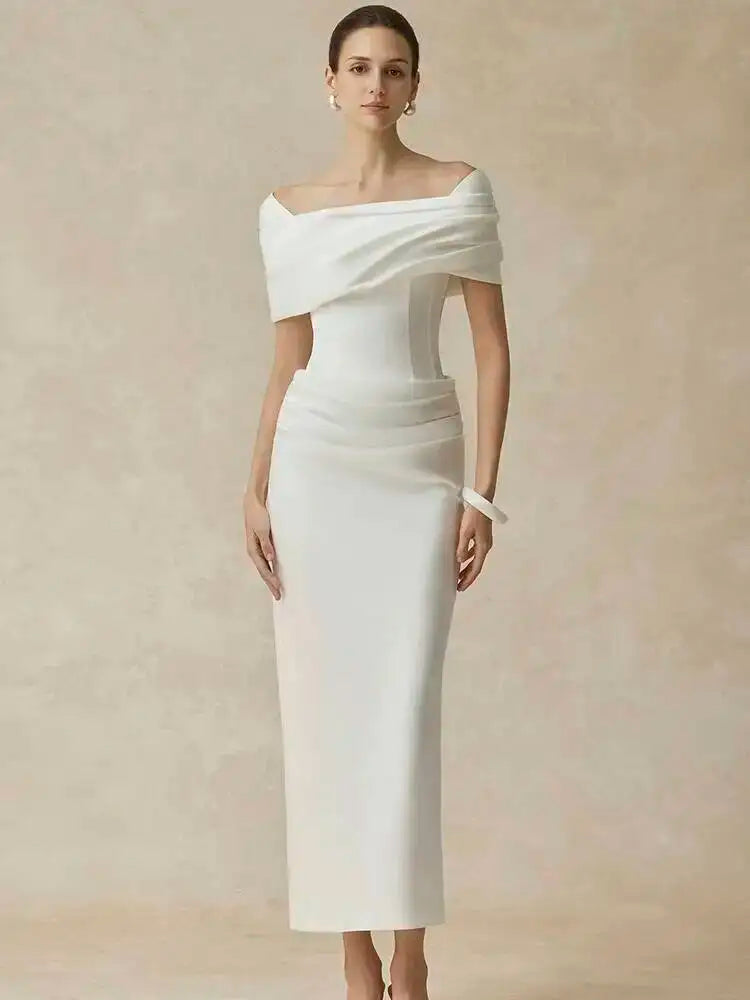 Polyester Slash-Neck Pleated Back Ankle-Length Evening Dress — Black | KIMLUD