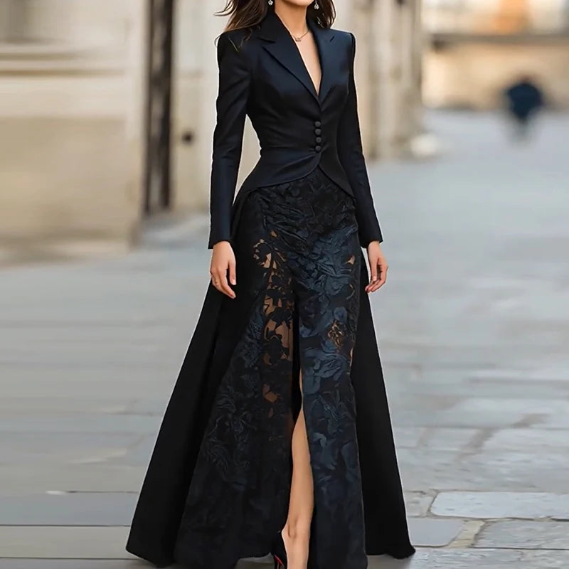 Brocade Lace Spliced Evening Suit — Black | KIMLUD
