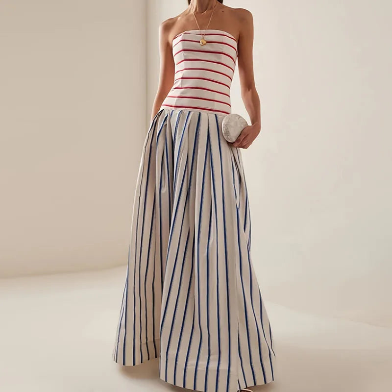 Strapless Backless Striped Maxi Dress With Red Bodice Stripes And Cobalt Lines — White | KIMLUD