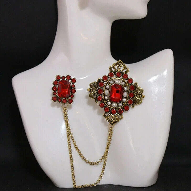 KIMLUD, Vintage Fashion Black Crystal Sparkling Rhinestone Brooch Creative Lapel Pin Medieval Design Long Chain Brooches Autumn Winter, KIMLUD Womens Clothes