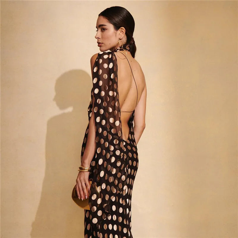 Mozision Round Plaid Printed Maxi Dress For Women Gown Halter Off-shoulder Sleeveless Backless Evening Club Long Dress Elegant