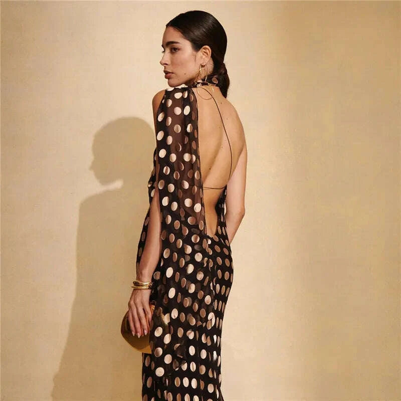 KIMLUD, Mozision Round Plaid Printed Maxi Dress For Women Gown Halter Off-shoulder Sleeveless Backless Evening Club Long Dress Elegant, KIMLUD Womens Clothes