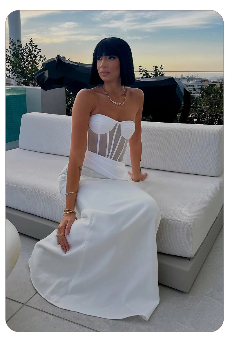 VC Elegant White Corset Simple Wedding Dress – Strapless Sheer Bodice Maxi Dress for Women Modern Minimalist Engagement Dress