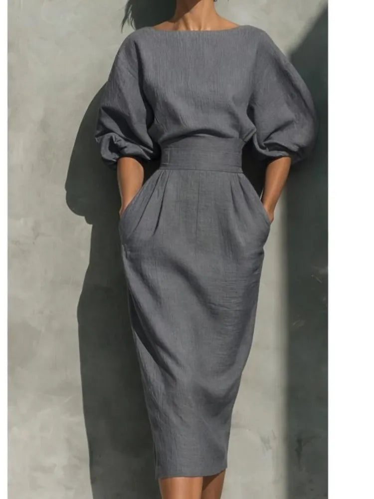Dresses O-Neck Lantern Sleeve Pocket Midi Polyester Slim Solid | KIMLUD