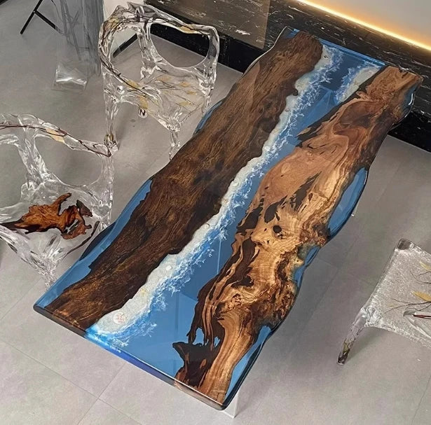 Solid Walnut River Epoxy Dining Table — Walnut | KIMLUD