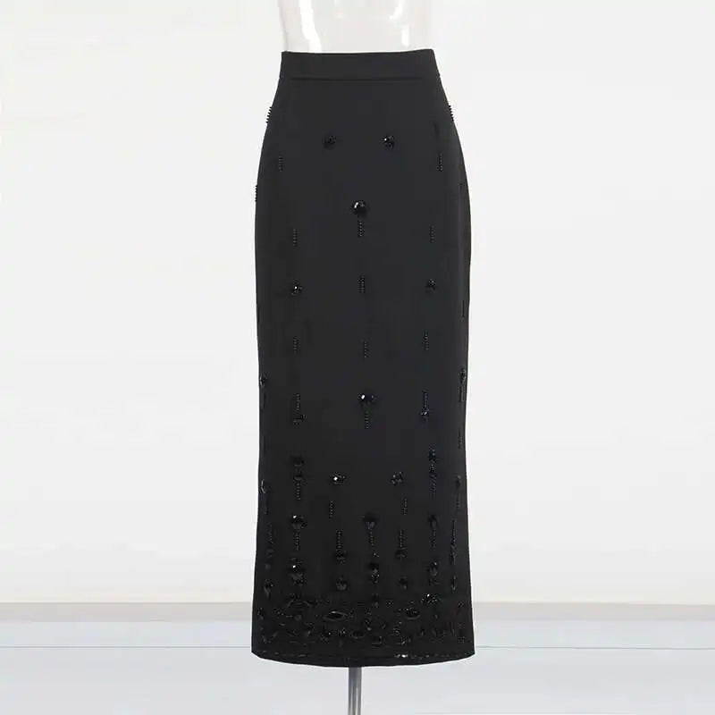 KIMLUD, TWOTWINSTYLE Solid Spliced Diamonds Two Piece Set For Women Stand Collar Long Sleeve Tops High Waist A Line Skirt Set Female New, KIMLUD Womens Clothes