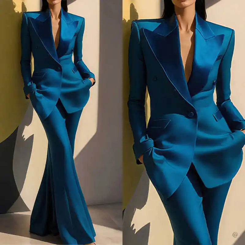 Polyester Solid Tailored Blazer Pants Set — Teal | KIMLUD