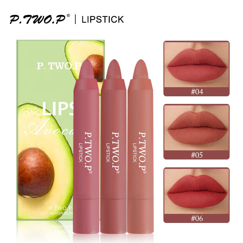 P.TWO.P 3 Pcs Lipstick Set Different Colors Sexy Long Lasting Waterproof Matte Lipstick Pencils Moisturizer Lips Makeup Kit Lip