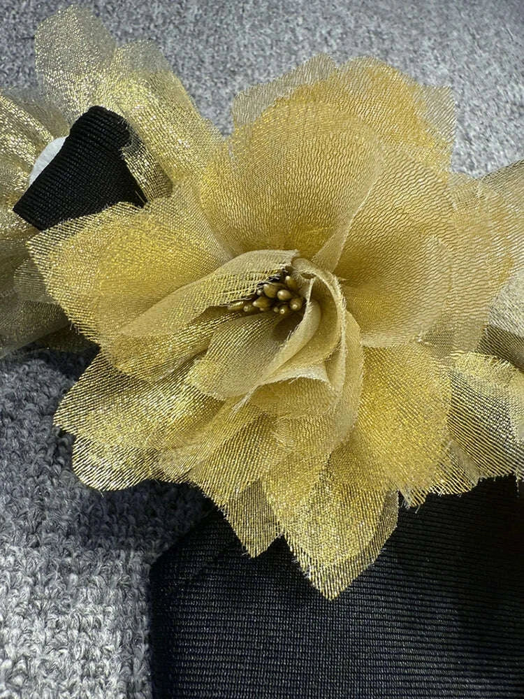 KIMLUD, VC Elegant Fashion Off-Shoulder Black Maxi Dress with Golden Floral Embellishments Party Evening Gown, KIMLUD Womens Clothes