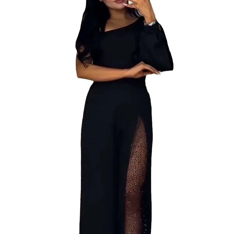 Autumn And Winter Fashion Sexy Slanted Shoulder High Slit Jumpsuit Elegant Women's Solid Color Single Shoulder Sleeve Jumpsuit