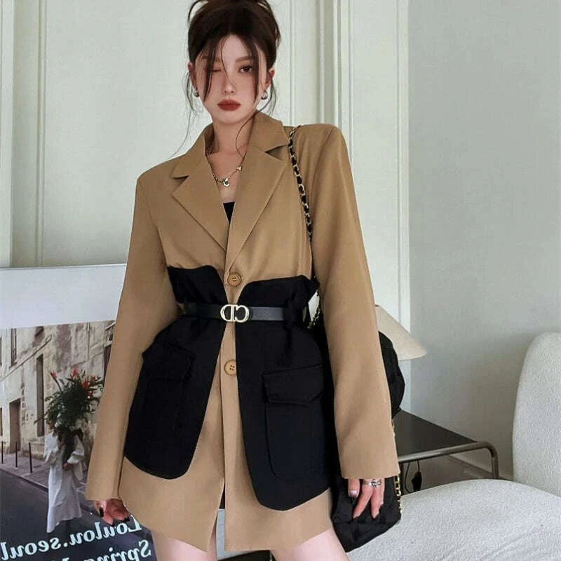 Original Design Blazer Women Fashion New Loose Spliced Pocket Korean Shrug Notched Single Breasted Blazer Mujer Femal with Belt