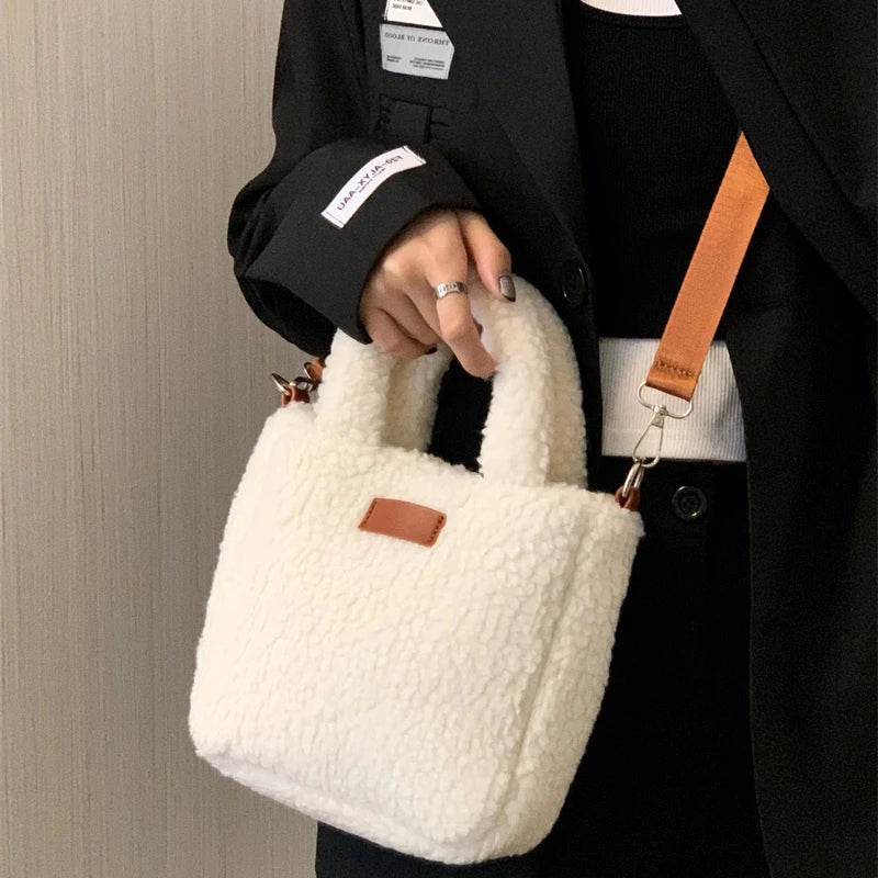 Faux Lamb Wool Women's Small Bucket Bags Winter Fashion Ladies Plush Shoulder Crossbody Bag Soft Furry Purse Female Handbags