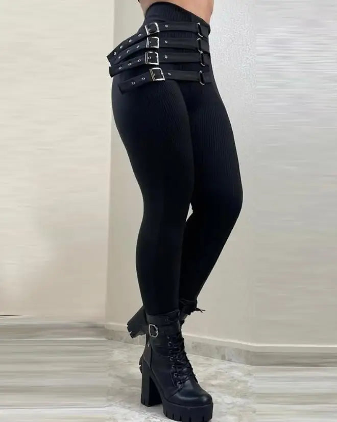Women's Streetwear High Waisted Tight Elastic Pants with Leather Buckle Decoration Pencil Pants 2024 Sexy and Elegant Leggings
