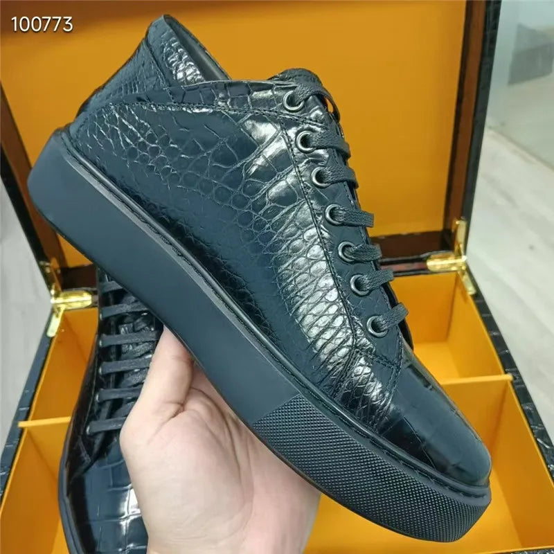 Authentic Exotic Crocodile Skin All-match Men's Black High Top Board Shoes Genuine Alligator Leather Male Lace-up Walking Flats