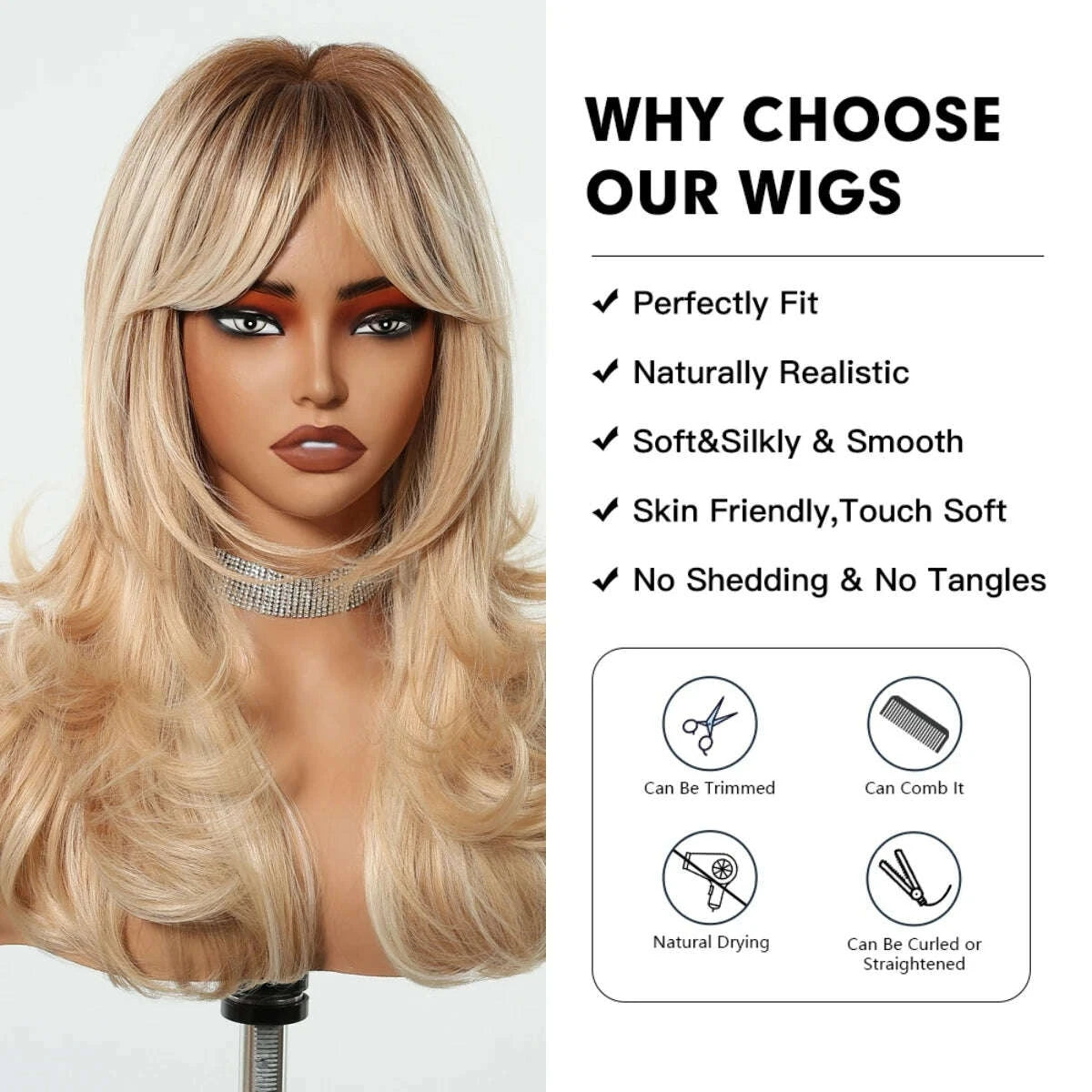 KIMLUD, Golden Blonde Mixed Synthetic Wig Dark Root Wavy Hair With Side Bangs for Women Daily Party Cosplay wig Heat Resistant Fiber, KIMLUD Womens Clothes