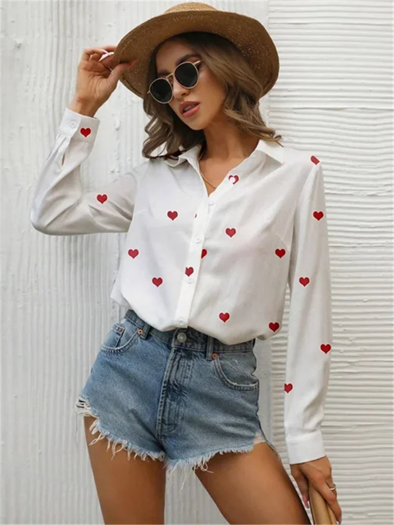 Chiffon Blouse – Love Heart Print – Slim | KIMLUD