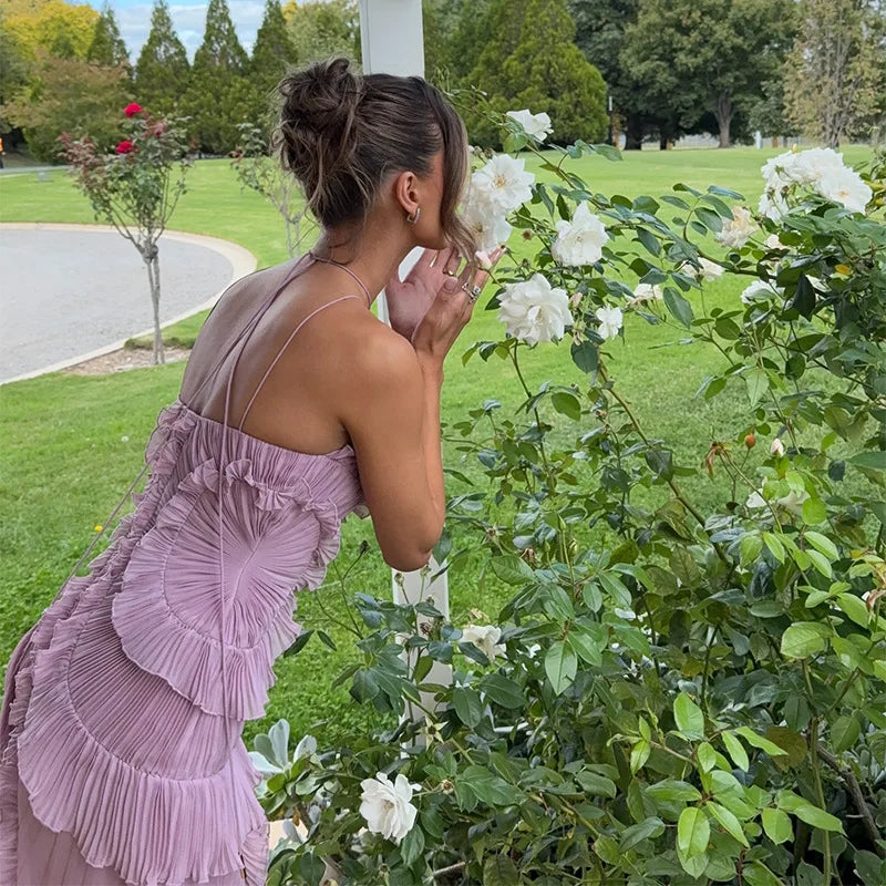 Ruffle Pleated Halter Maxi Dress With Irregular Tiered Pleats — Lavender | KIMLUD