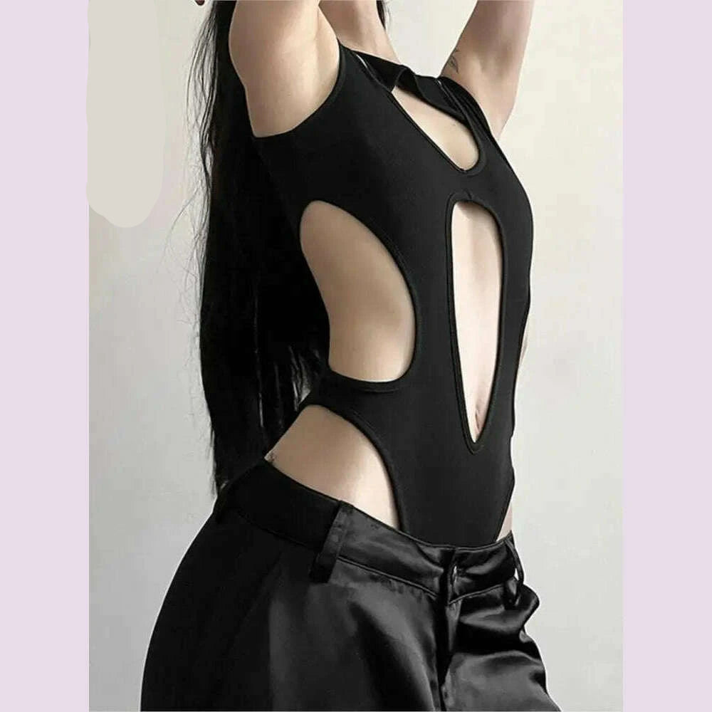 KIMLUD, Gothic tops Y2k clothes sexy spicy hollow out bodysuit nigh clubwearr ashion women's patchwork slim fitting jumpsuit top tees, KIMLUD Womens Clothes