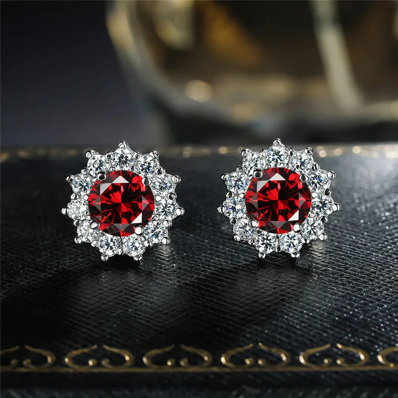 Copper Stud Earrings Round Cubic Zirconia — Water Blue | KIMLUD