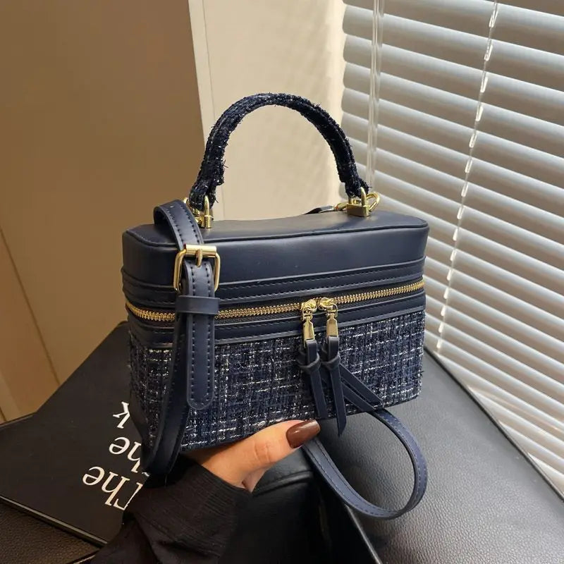 Bouclé-Textured Polyester Square Box Crossbody Bag — Navy | KIMLUD