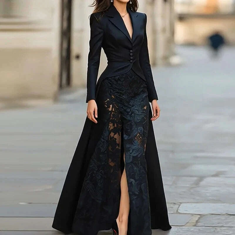KIMLUD, Autumn Women's Lapel Button Top and Skirt Two Piece Set Lace Patchwork Slim Fit Party Suit Elegant Solid Formal Occasion Outfit, KIMLUD Womens Clothes