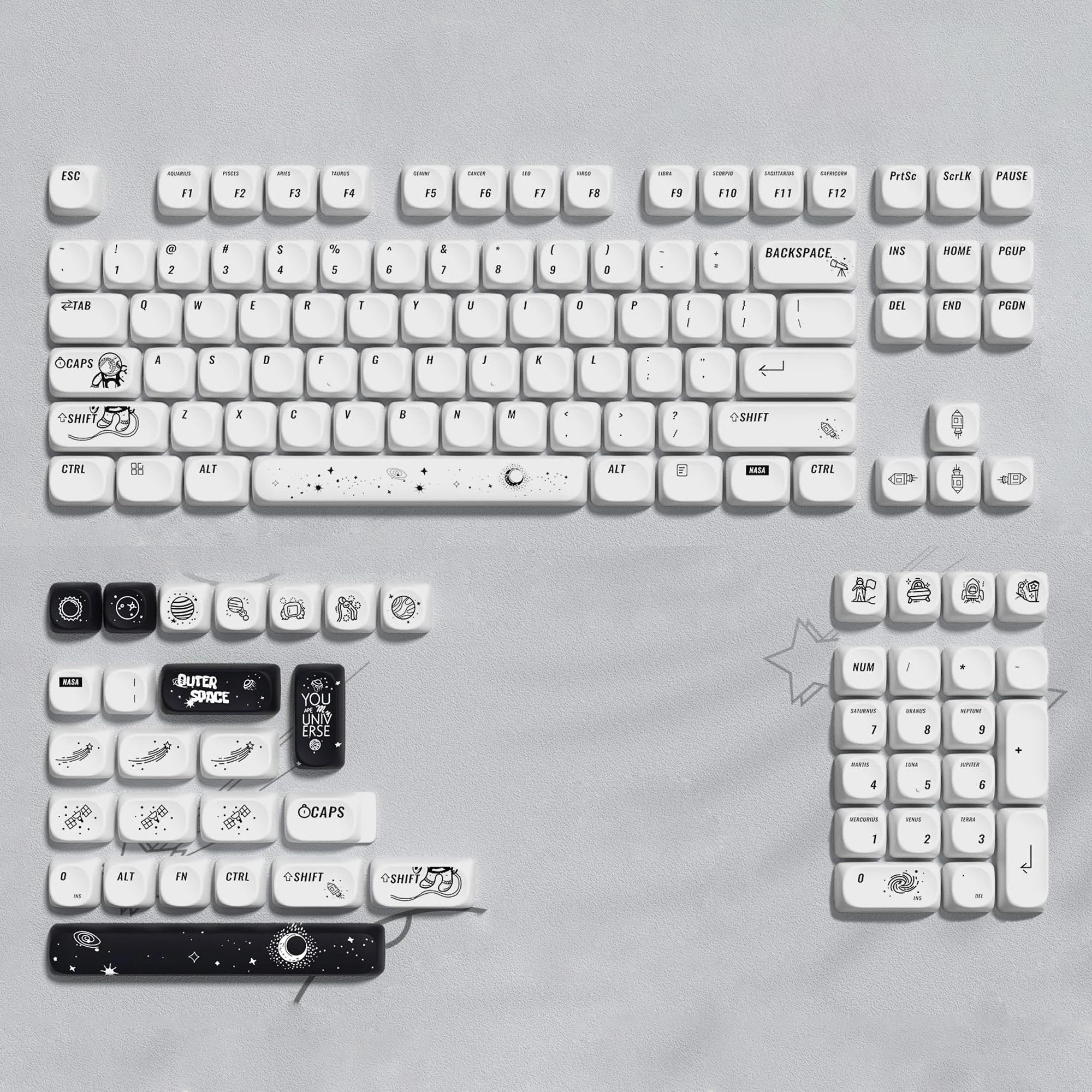 MOA Profile PBT Key caps White Milky Way Five Sided Dye Sublimation Keycaps for Cherry Gateron MX Switches Mechanical Keyboard