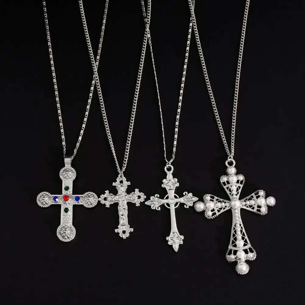KIMLUD, Geometric Ethnic Style Men Necklace Silver Pearl Cross Pendant Necklace Jewelry Accessories Golden Rhinestone Necklace Women, KIMLUD Womens Clothes