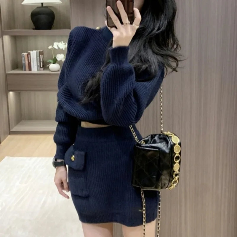 KIMLUD, Navy Blue Dress Sets for Women Long Sleeve Tops Knitted Mini Skirts Pockets Fashion Autumn Winter High Street Ins Korean Style, KIMLUD Womens Clothes