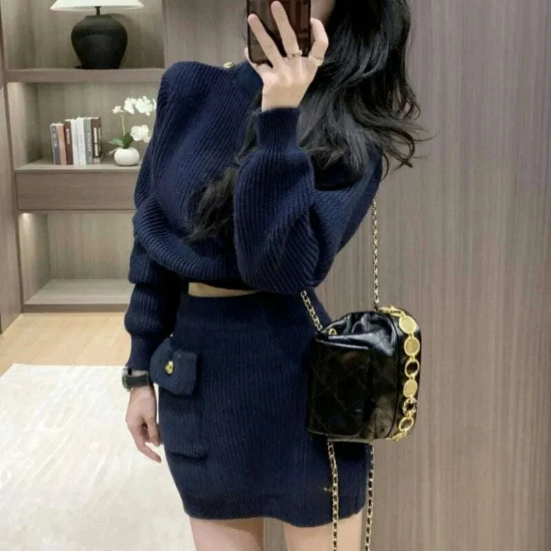 KIMLUD, Navy Blue Dress Sets for Women Long Sleeve Tops Knitted Mini Skirts Pockets Fashion Autumn Winter High Street Ins Korean Style, KIMLUD Womens Clothes