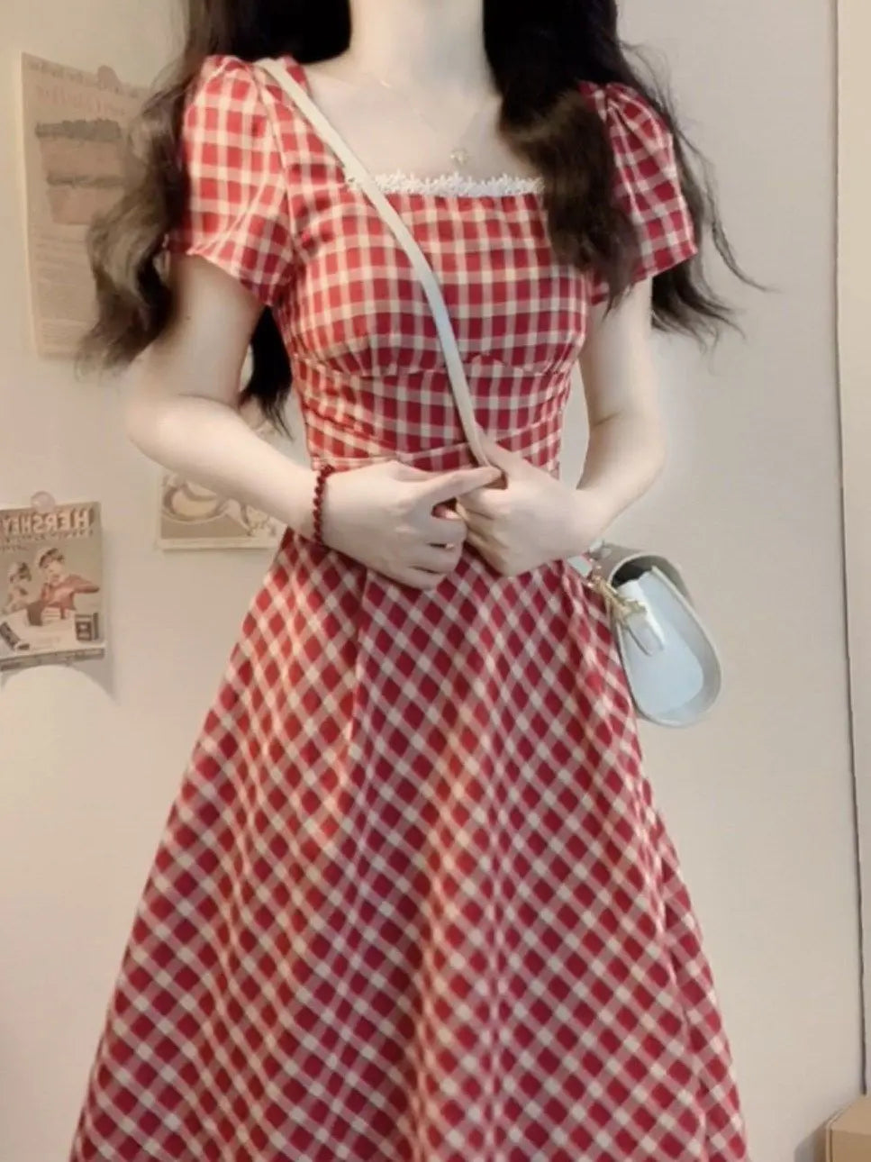 Soft Cotton Blend Plaid A-Line Dress — Red | KIMLUD