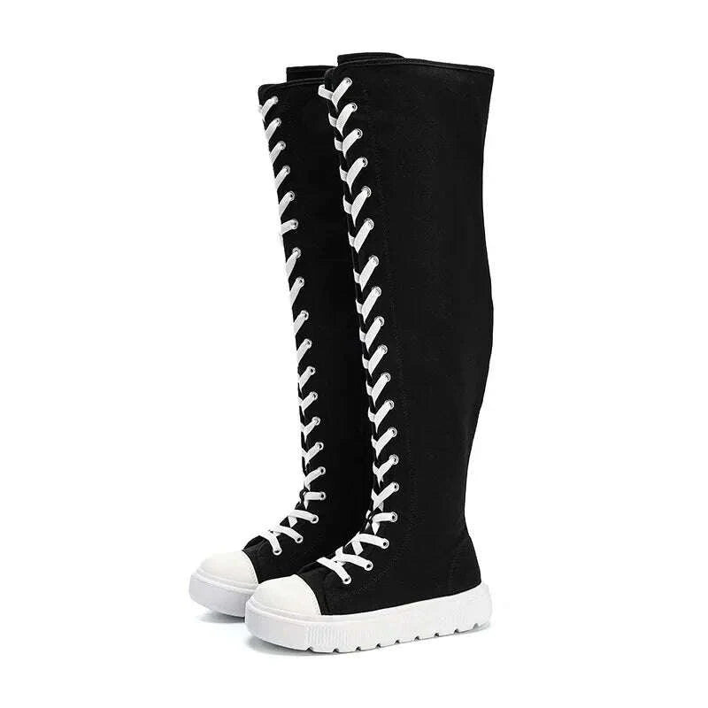 KIMLUD, Plus Size Women's Canvas Boots Spring Autumn High Top Side Zipper Simple Long Tube over Knee Shoes Flat Heel Adult Footwear, KIMLUD Womens Clothes