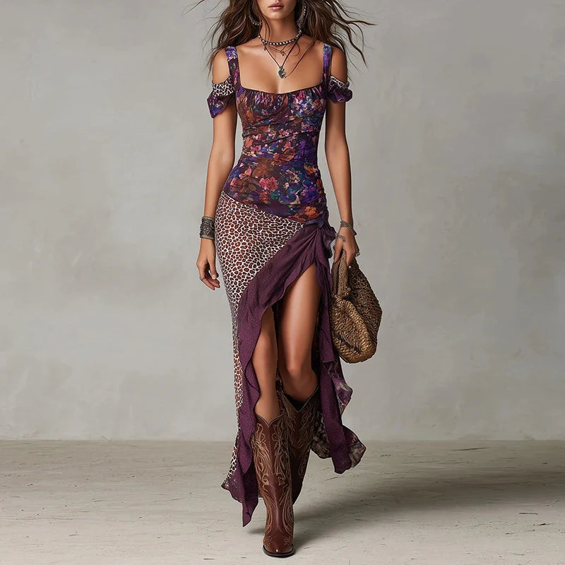 Polyester Patchwork Evening Maxi Dress — Purple | KIMLUD