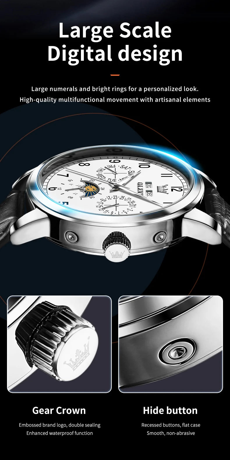 Leather Dress Watch Moon Phase Automatic — Black | KIMLUD