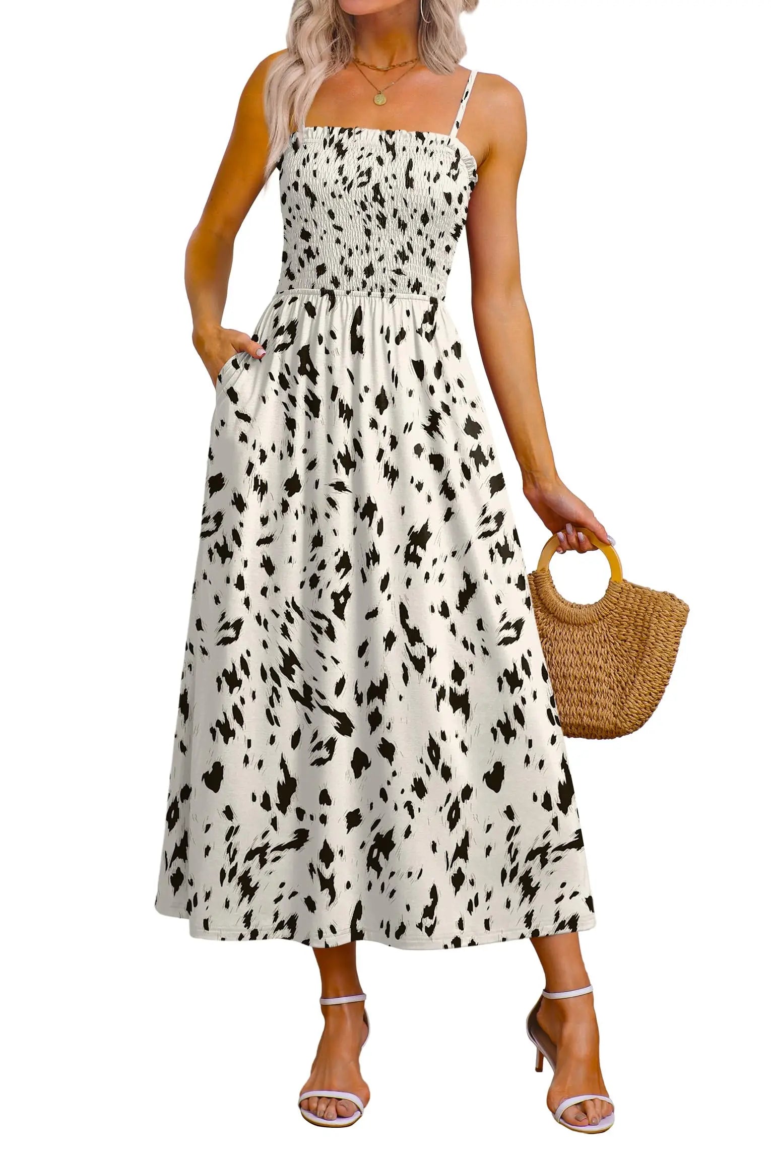 Spaghetti Strap Maxi Dress – Smocked Waist – Polyester Fiber | KIMLUD