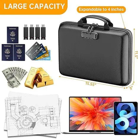 Fireproof Waterproof Document Bag Portable Hard Case — Black | KIMLUD