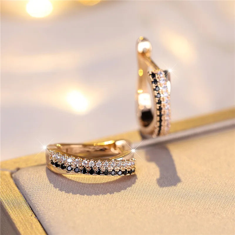 Gold-Tone Zircon Clip Earrings Geometric Arc With Black And White Stones — Gold | KIMLUD