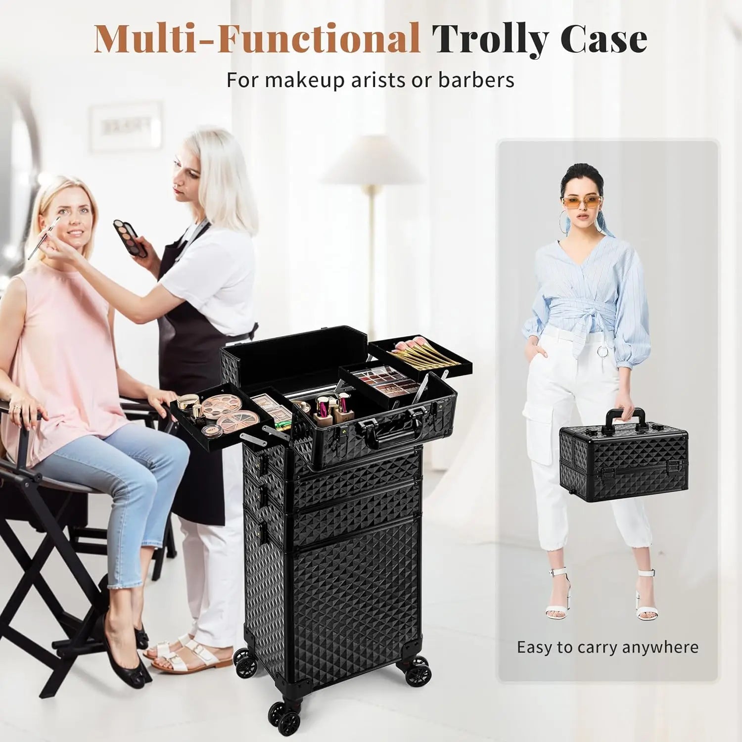 Rolling Plastic Travel Suitcases 4-In-1 Cosmetology Case Wheels — Black | KIMLUD