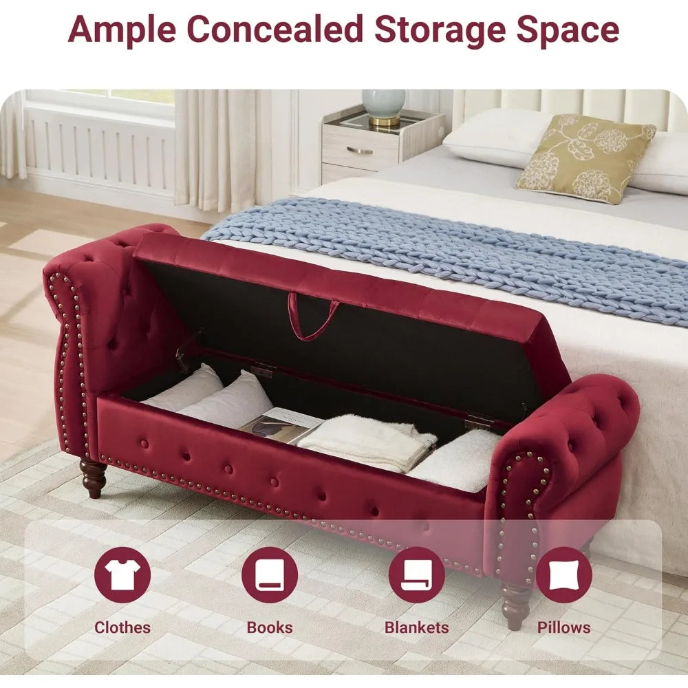 Velvet Storage Bench, End of Bed Storage Bench with Rolled Armrest, Entryway Ottoman with Nailhead Trim and Button Tufting, Stor