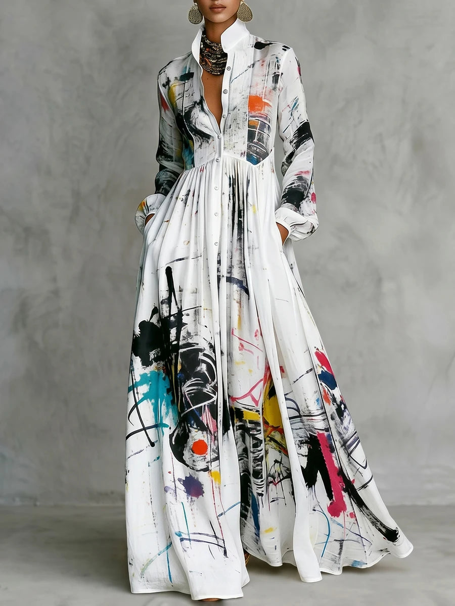 Freeacy Women Stand Collar Printed Shirt Maxi Dress Button Front Long Sleeve Pleated High Waist Flowy Floor Length Dresses