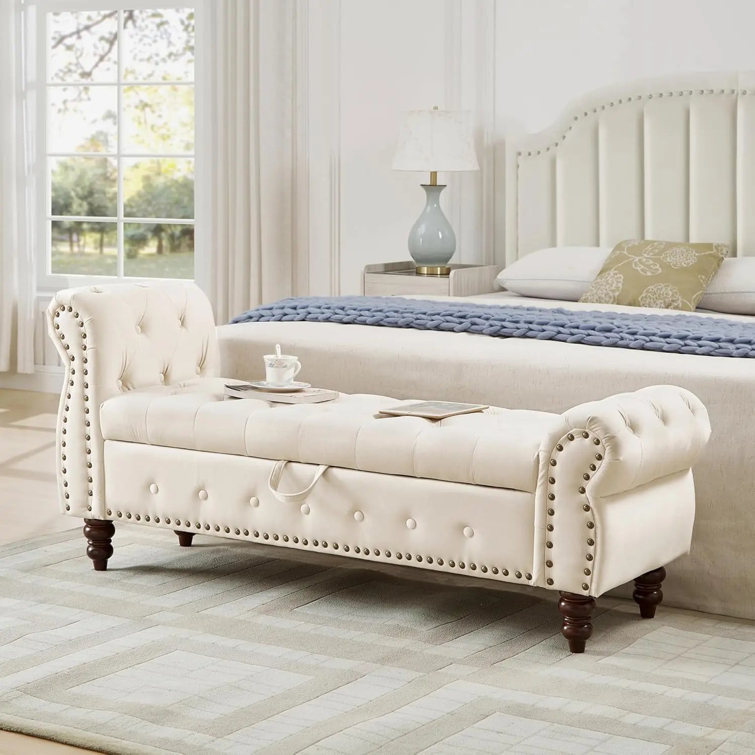 Velvet Storage Bench, End of Bed Storage Bench with Rolled Armrest, Entryway Ottoman with Nailhead Trim and Button Tufting, Stor